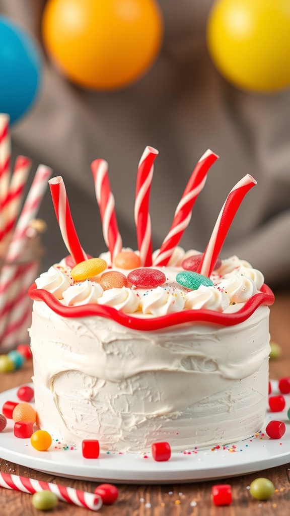 A red licorice topped cake with colorful candies and striped licorice sticks, set against a festive background.