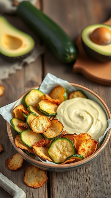 A bowl of crispy zucchini chips served with a creamy avocado dip, with fresh zucchini and avocado in the background.