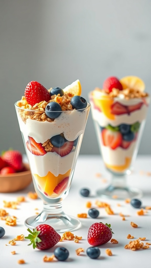 Two fruit and yogurt parfaits in glasses, layered with yogurt, strawberries, blueberries, and granola.