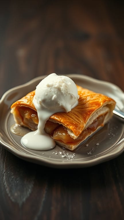 A slice of apple strudel topped with vanilla ice cream on a plate