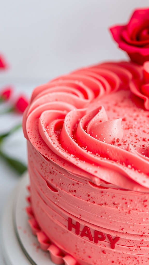 A beautifully decorated red buttercream swirl cake with a rose on top
