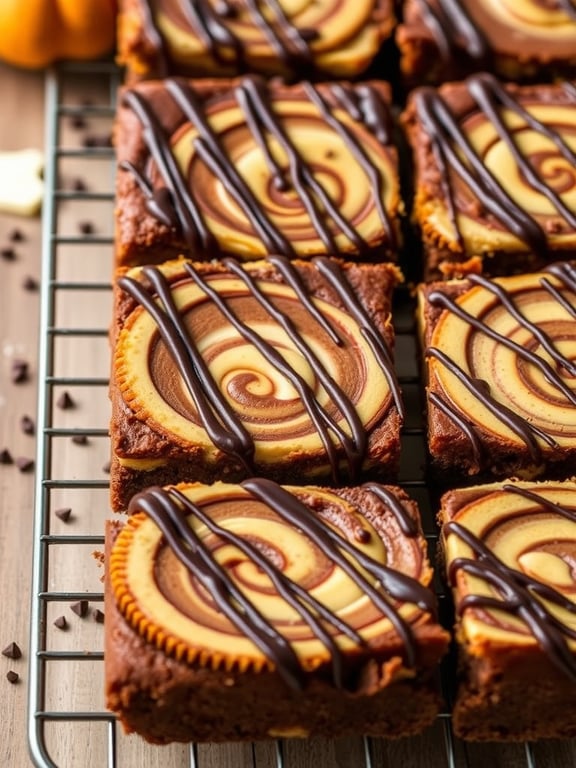 Pumpkin Cheesecake Swirl Brownies with chocolate drizzle on top