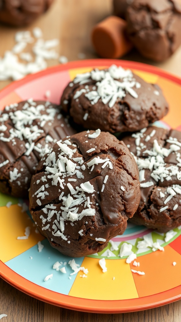 A plate of coconut chocolate no bake cookies topped with shredded coconut.