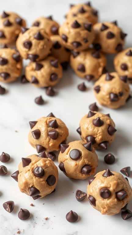 Peanut Butter Chocolate Chip Cookie Dough Bites arranged on a marble surface
