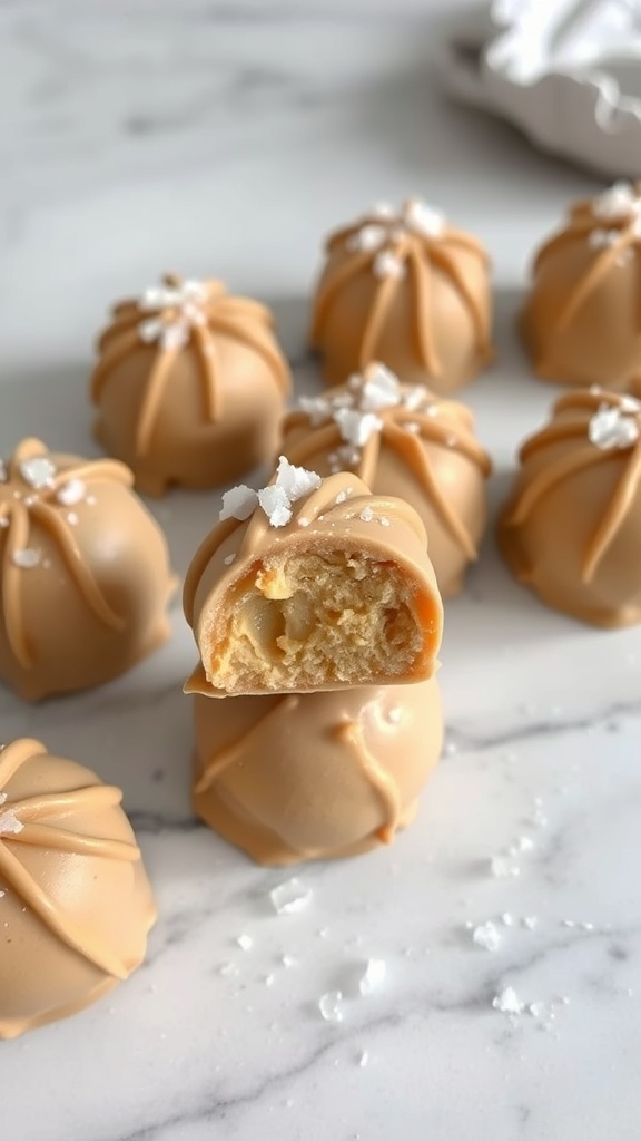 Peanut Butter Fat Bombs arranged on a marble surface, some cut in half to show the creamy interior.