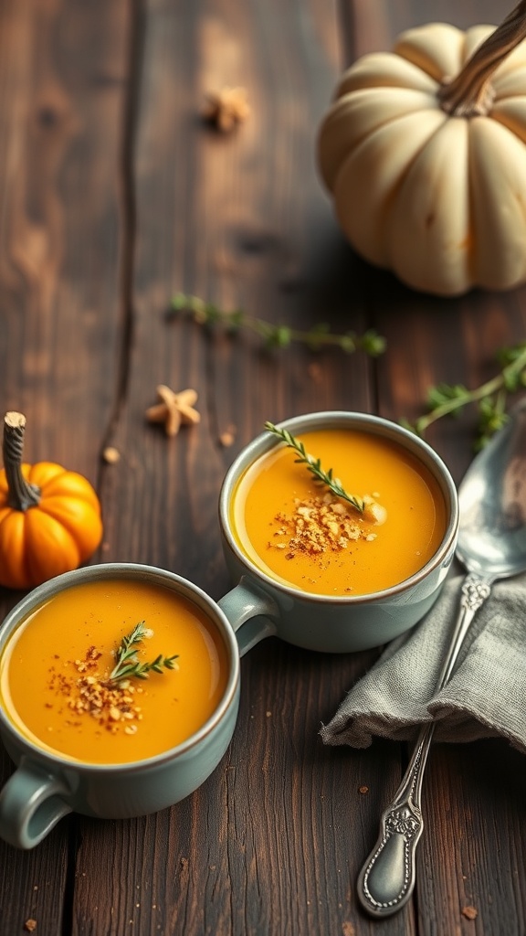 Two cups of pumpkin soup garnished with herbs on a wooden table