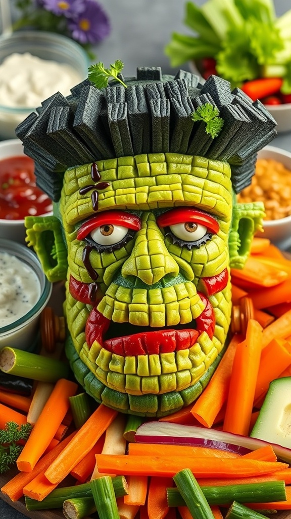 A creatively designed veggie platter resembling Frankenstein's head, surrounded by colorful vegetables and dips.