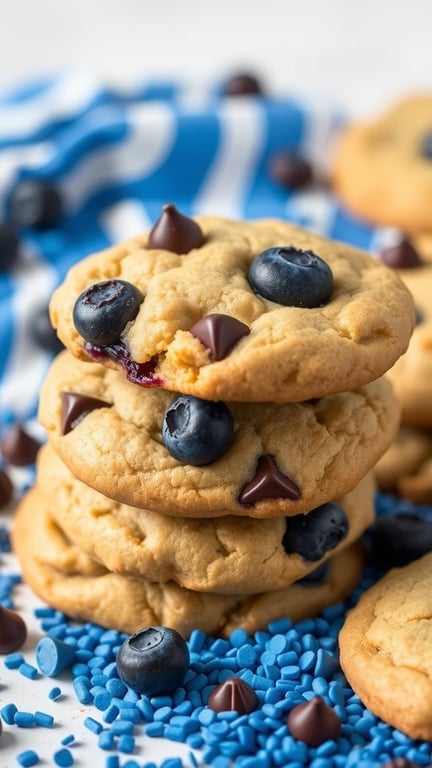 A stack of blueberry monster cookies with chocolate chips on a blue background.