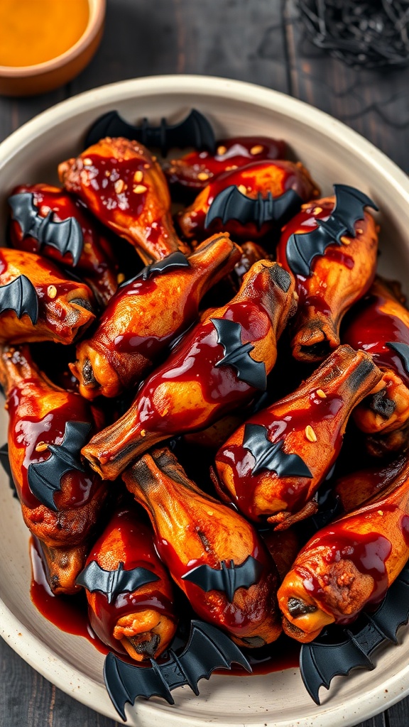 A platter of chicken drumsticks decorated with bat-shaped accessories and covered in sauce.