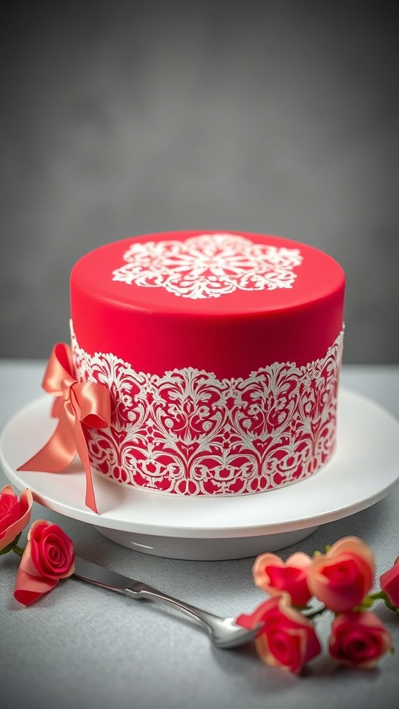 Elegant red fondant cake with white detailing and a ribbon, surrounded by roses