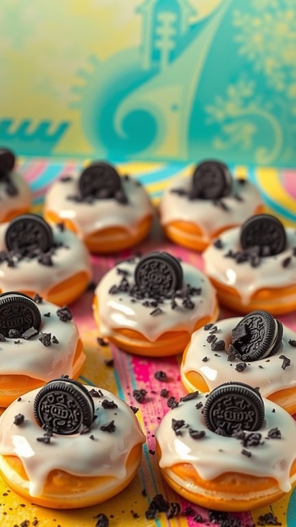 A colorful display of Oreo donuts topped with icing and Oreo pieces.
