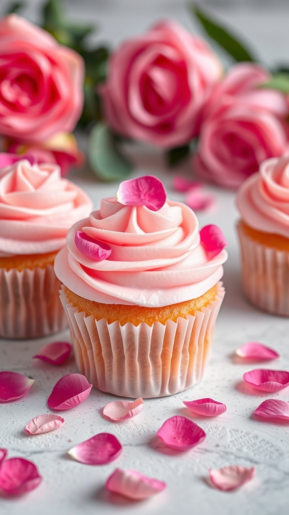 Rose petal cupcakes with pink frosting and rose petals on top