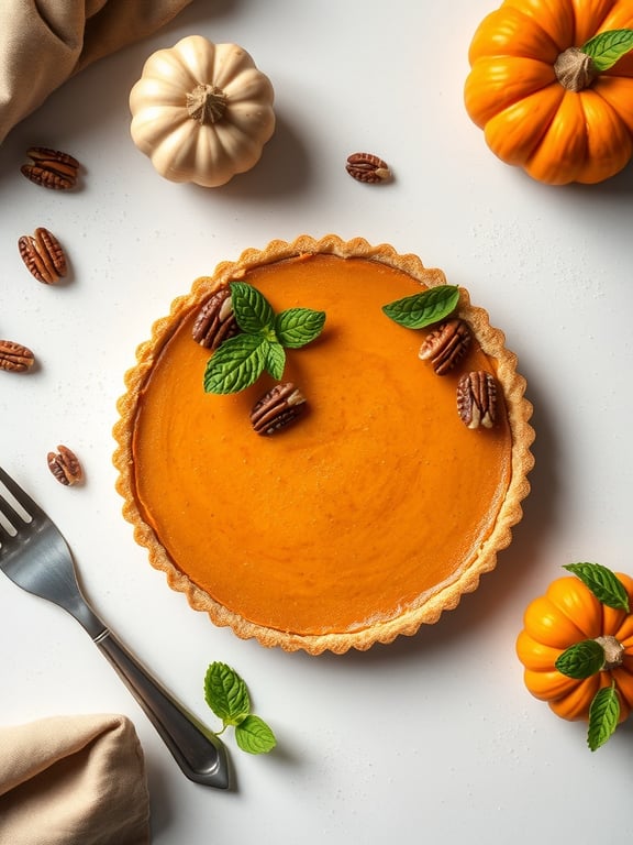 A pumpkin tart with almond crust, garnished with mint leaves and pecans, surrounded by small decorative pumpkins.