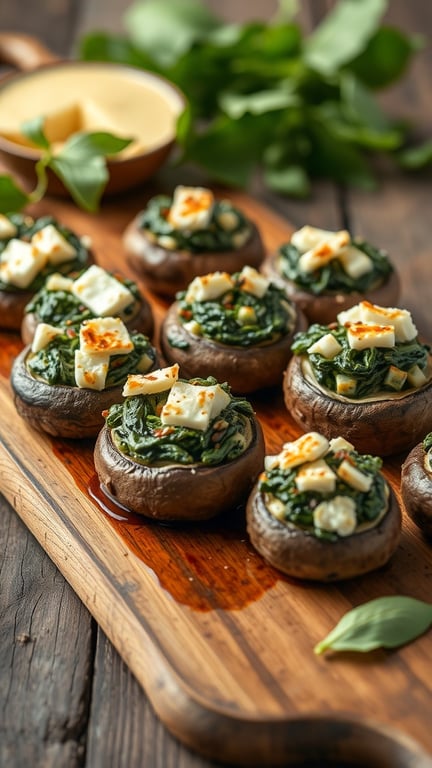 Spinach and feta stuffed mushrooms on a wooden board, garnished with fresh spinach.