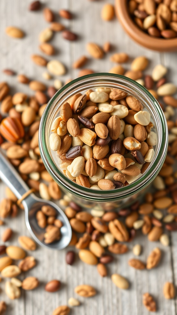 A jar filled with a variety of nuts, surrounded by scattered nuts on a wooden surface.