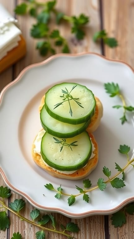 A plate of cucumber sandwiches with cream cheese, garnished with herbs.