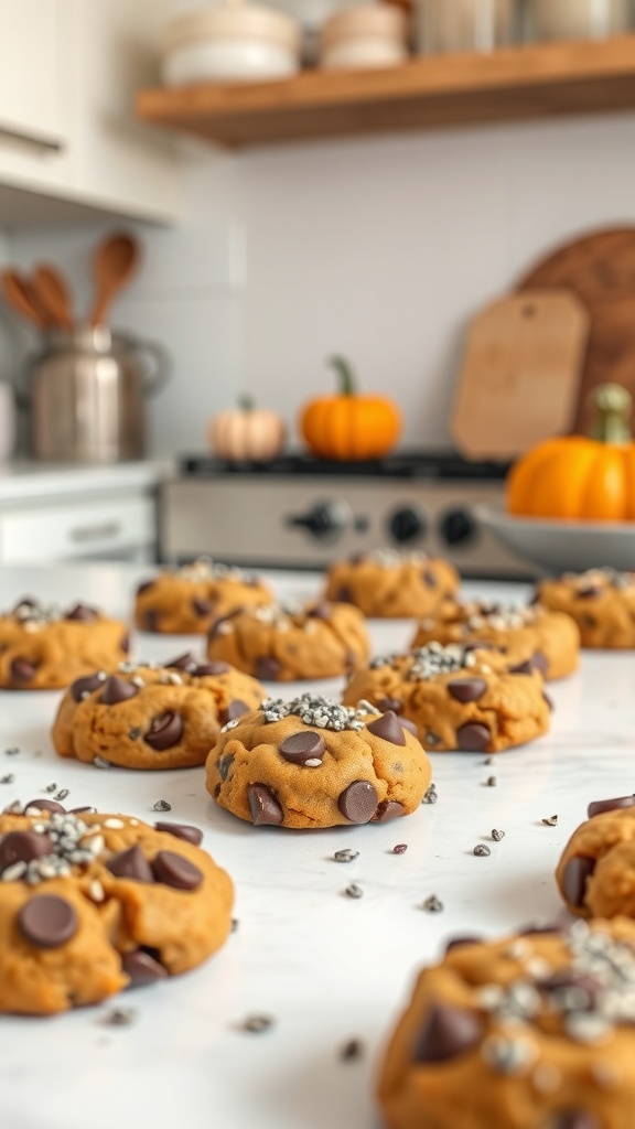 A close-up of pumpkin chocolate chip cookies with chia seeds on a marble countertop, with small pumpkins in the background.