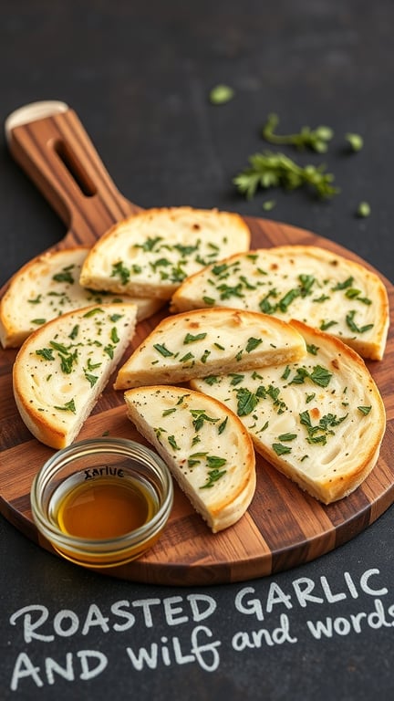 Slices of roasted garlic and herb flatbread on a wooden board with a small bowl of olive oil.