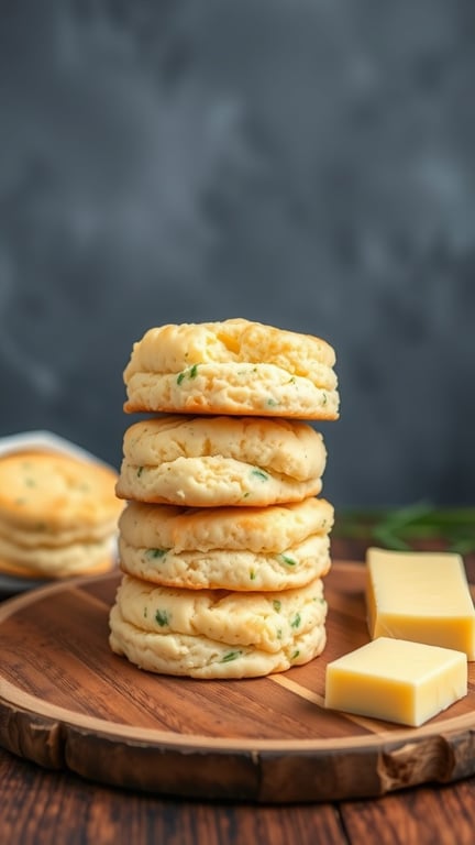 A stack of cheddar cheese and chive biscuits on a wooden plate with cheese cubes beside them.