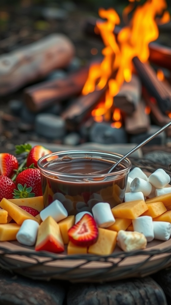 A pot of melted chocolate fondue surrounded by strawberries, marshmallows, and cheese near a campfire.