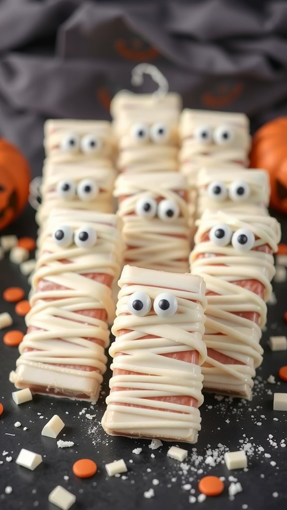 Mummy Chocolate Bars wrapped in white chocolate with candy eyes, surrounded by Halloween decorations.