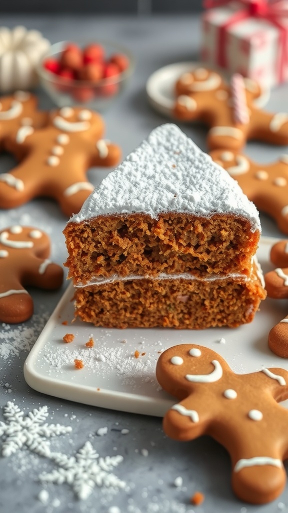 A slice of gingerbread cake with powdered sugar on top, surrounded by gingerbread cookies.