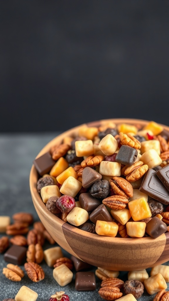 A bowl of colorful trail mix with nuts and chocolate pieces.