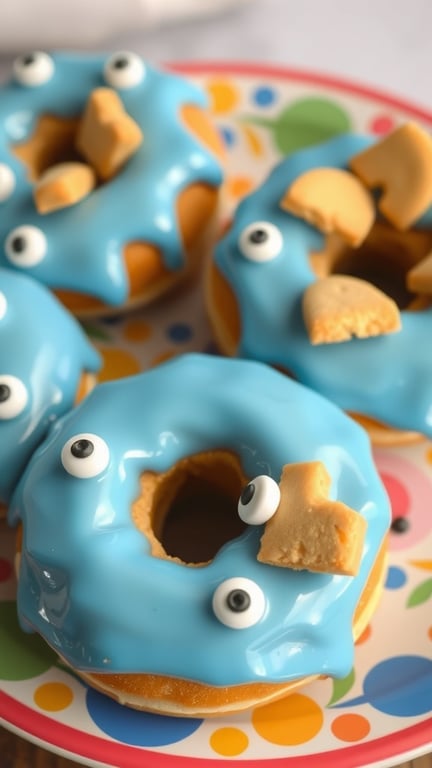 Blue donuts decorated to look like Cookie Monster with googly eyes and cookie pieces.