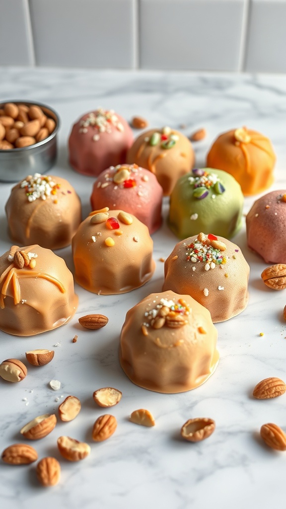 Colorful nut butter fat bombs topped with nuts and sprinkles on a marble surface.