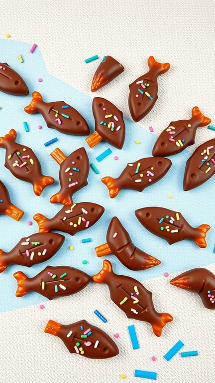 Chocolate-dipped pretzel fish snacks decorated with colorful sprinkles on a light blue background.