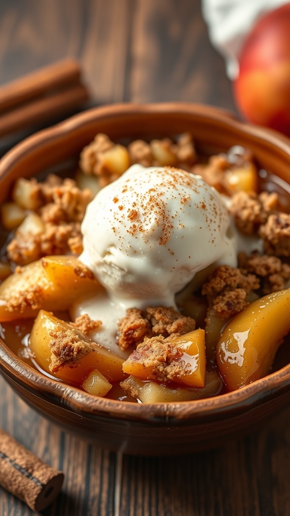 A bowl of warm apple crisp topped with vanilla ice cream and cinnamon.