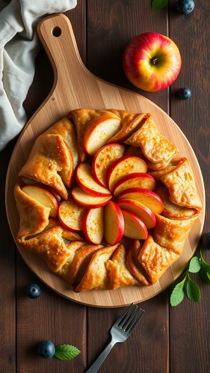 A beautifully arranged apple galette on a wooden board, featuring sliced apples and a rustic crust, with fresh blueberries and an apple beside it.