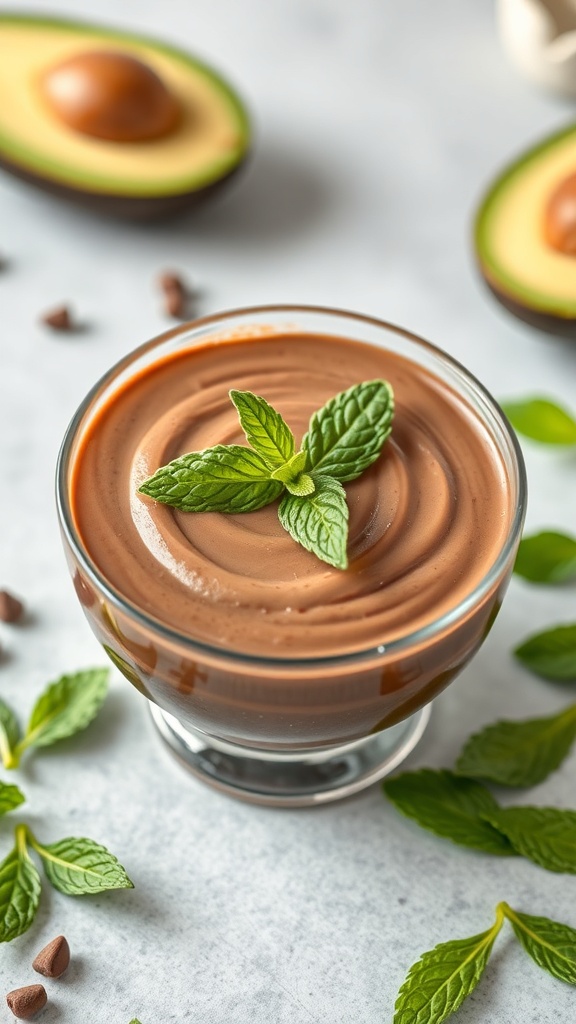 A bowl of chocolate avocado pudding topped with mint leaves, surrounded by avocado halves and mint leaves.