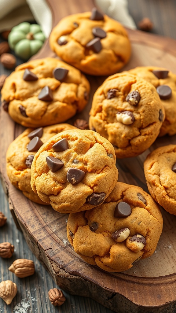 Pumpkin chocolate chip cookies with nuts on a wooden board