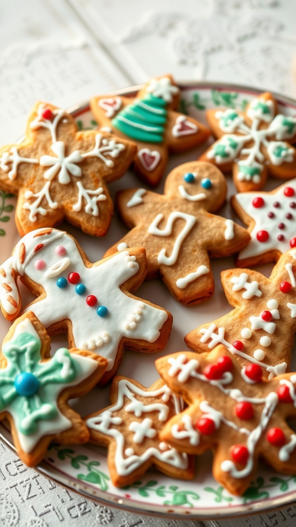 A plate of decorated gingerbread cookies including snowflakes, trees, and gingerbread men.
