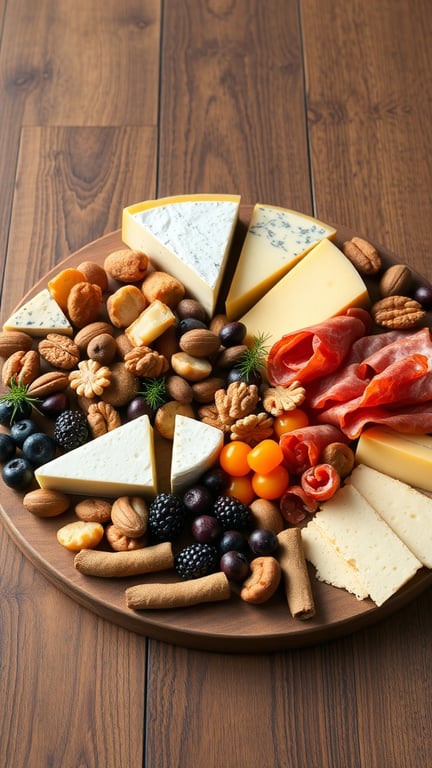 A cheese and charcuterie board featuring various cheeses, cured meats, nuts, and fruits.