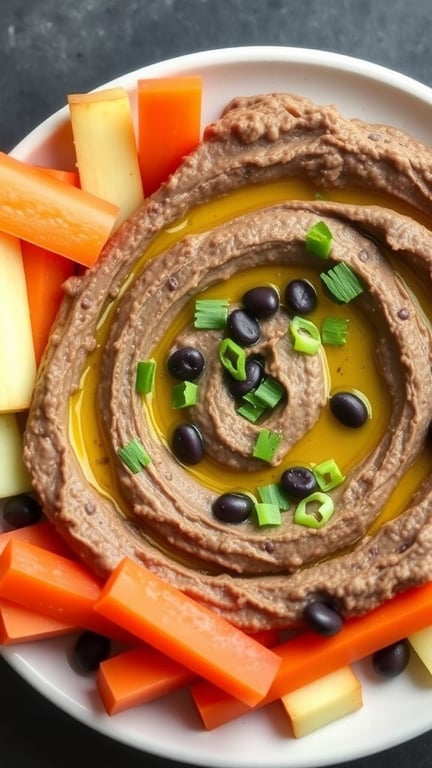 A bowl of zesty black bean hummus topped with olive oil, green onions, and black beans, surrounded by carrot and apple sticks.