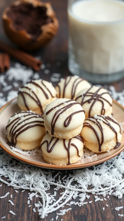 A plate of coconut macaroons drizzled with dark chocolate, surrounded by shredded coconut.