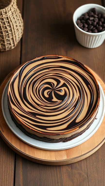A beautifully swirled chocolate cheesecake on a wooden table, with chocolate chips in the background.