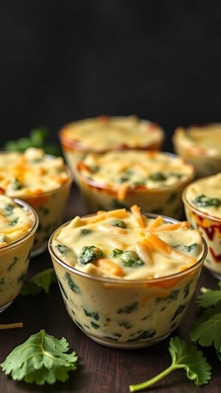 Baked spinach and artichoke dip cups in small glass bowls, topped with cheese and garnished with cilantro.