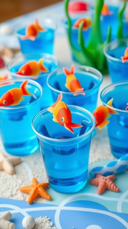 Colorful ocean blue Jello cups with fish decorations