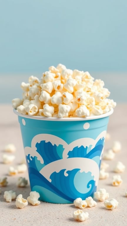 A cup of popcorn with ocean wave design, filled with fluffy popcorn.