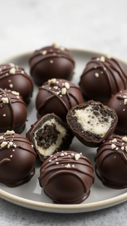 A plate of Oreo truffles, some whole and one cut in half, showing the creamy filling inside.