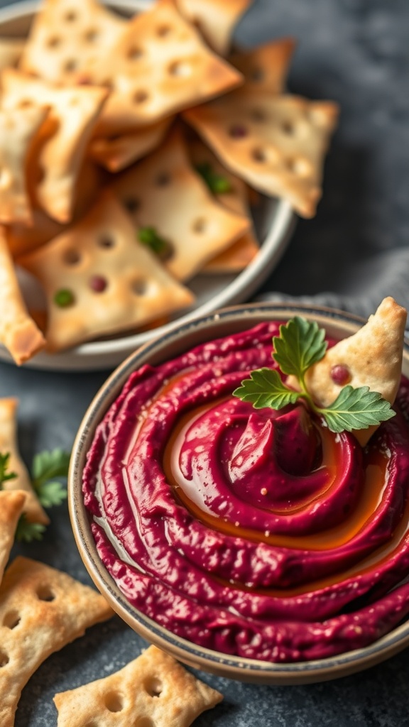 A bowl of Bloody Beet Hummus garnished with a sprig of parsley, surrounded by crispy crackers.