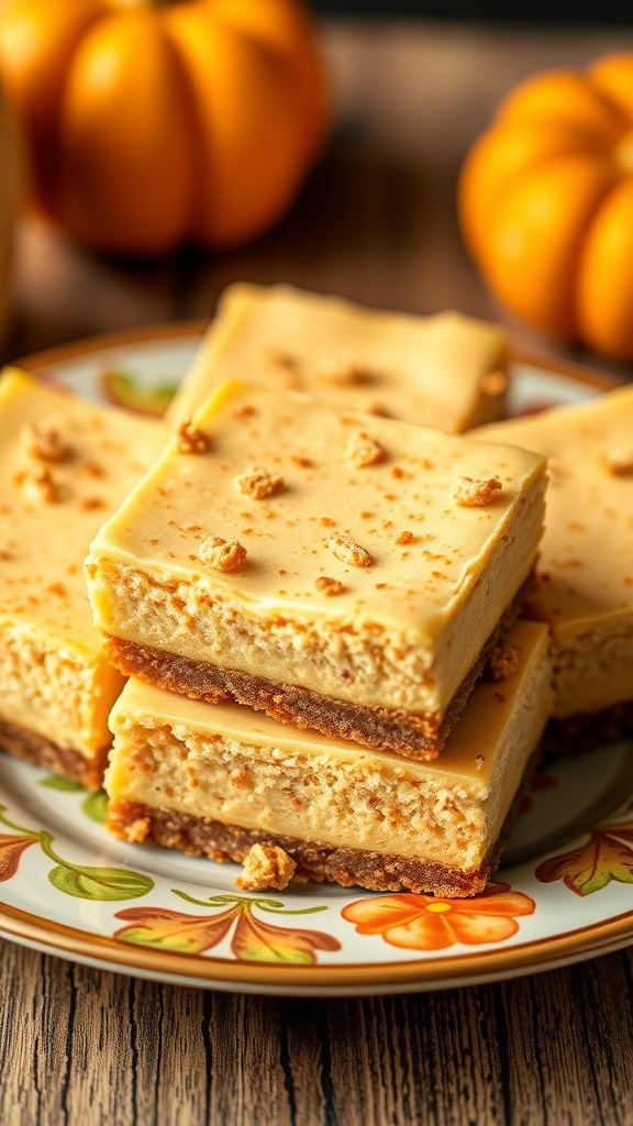 Pumpkin spice cheesecake bars on a decorative plate with pumpkins in the background.
