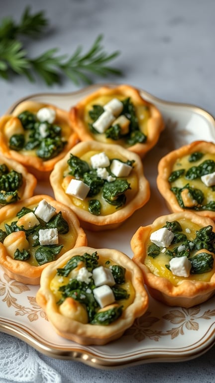 A plate of mini quiches filled with spinach and feta cheese.