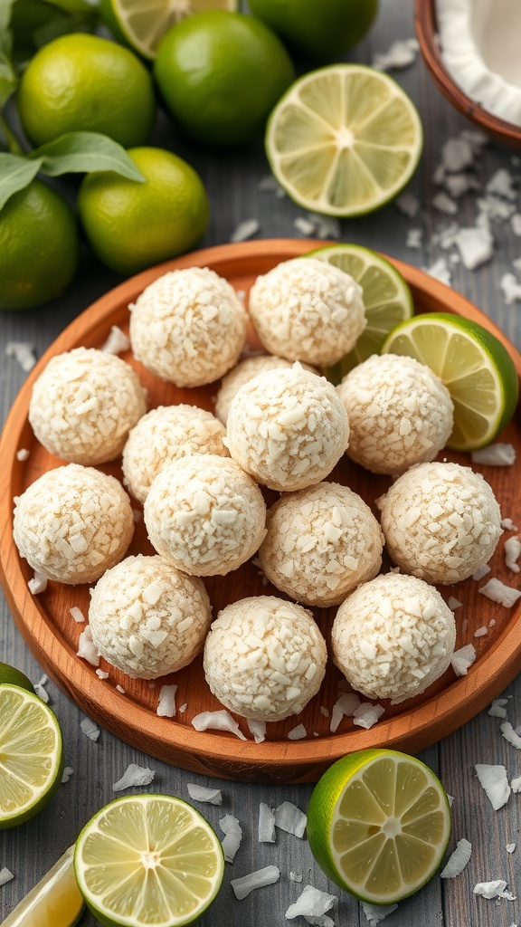 A plate of coconut lime energy balls surrounded by fresh limes and shredded coconut.