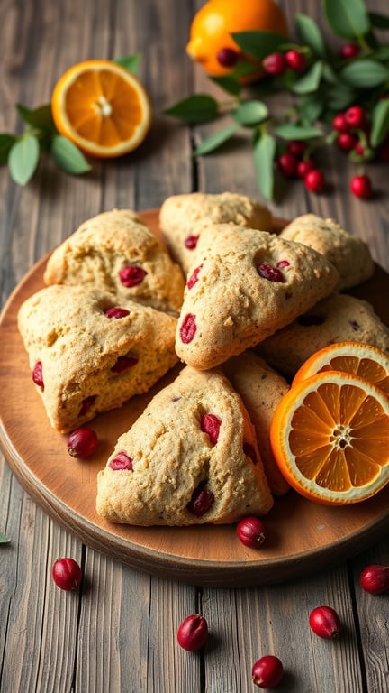 A plate of cranberry orange scones with fresh orange slices and cranberries on a wooden table.