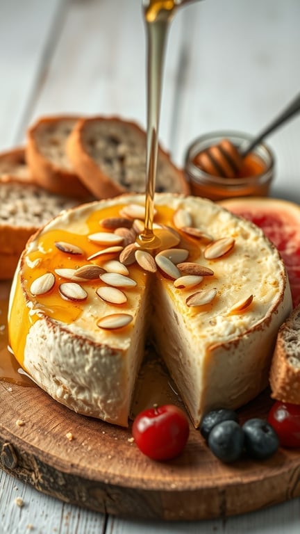 A baked Brie cheese topped with honey and almonds, served with bread and fruits.