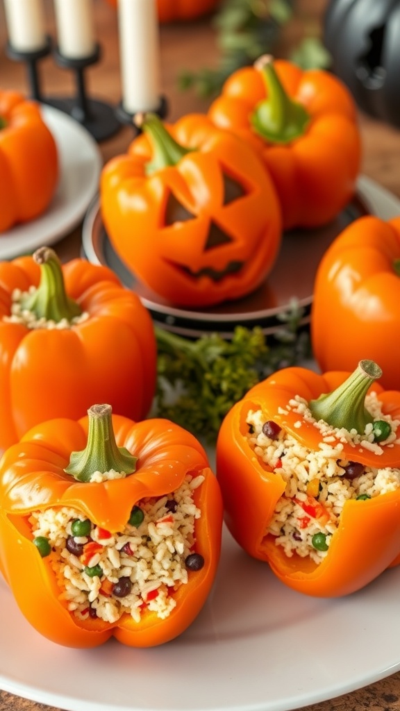 Three orange bell peppers carved like jack-o'-lanterns, filled with rice and vegetables, on a festive table with autumn leaves.